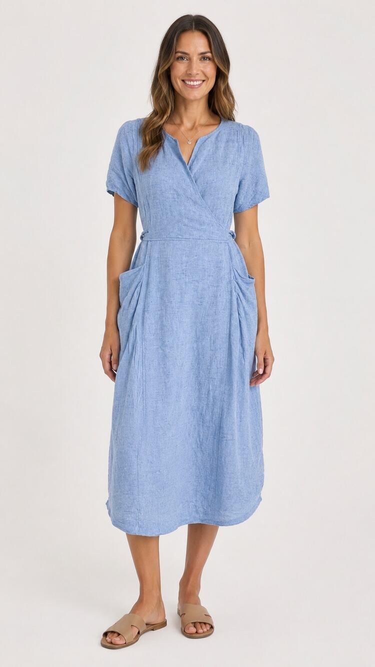 Poetry Linen Tie Back Midi Dress Blue Womens Size 4 Lagenlook Coastal